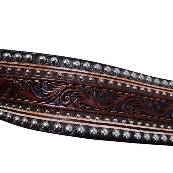 Tony Lama Men Leather Tooled Belt Sz 40 Western Equestrian Cowboy Floral Studded - Picture 3 of 9